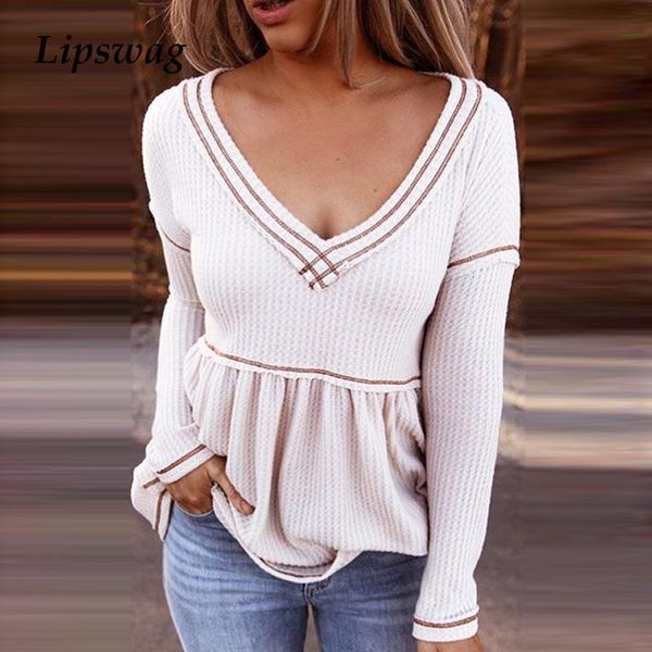 

casual solid color women 2021 spring fashion long sleeve v neck pullover streetwear female autumn new fashion blouse shirts, White