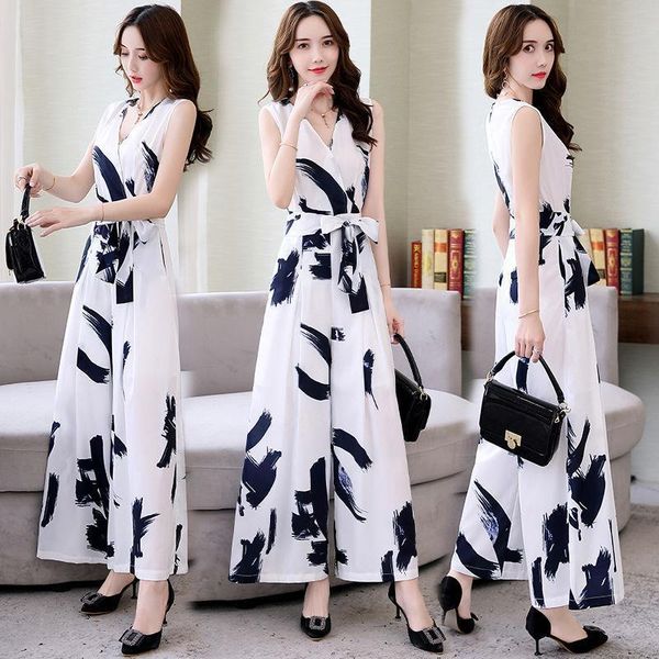 

2020 new women vintage v neck print chic jumpsuits female siamese sleeveless bow tied sashes wide leg conjoined pants t174, Black;white