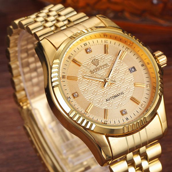 

luxury gold fashion mens watches casual crystal dial date automatic mechanical stainless steel sport wrist watches for men gifts 201113, Slivery;brown