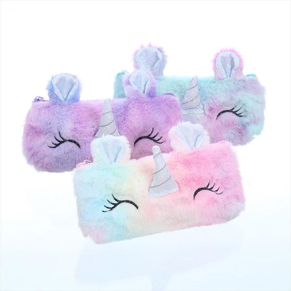 

student cartoon unicorn pencil case women pu plush makeup pouch zipper rainbow fur cosmetic bag girl cute travel washing case