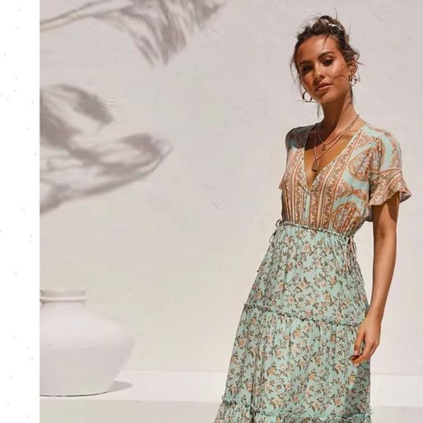 

boho floral printed maxi dress v neck ruffle sleeve vintage vestidos 2021 summer hippie beach casual women dresses, Black;gray