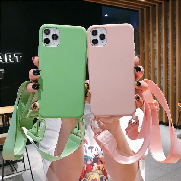 

shoulder strap lanyard phone case for iphone 12 mini 12pro 11 11pro max x xr xs max se 7 8plus candy color soft silicone case