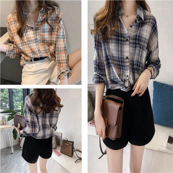 

blouse women's new autumn check shirt long sleeve boyfriend women's style loose check cotton coat and blouse1, White