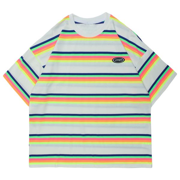 

2021 new raiow stripes print men oversized loose hip hop t-shirt cotton short sleeve shirts summer harajuku tshirts orange mtiu, White;black