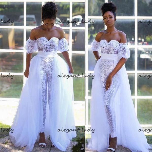 

white lace applique african wedding jumpsuit with detachable train sweetheart off shoulder garden beach bride outfit pant suit