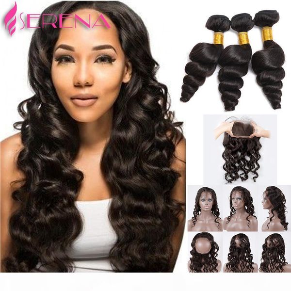 

preplucked 360 lace frontal with bundles loose wave bundles closure afro kinky hair with closure peruvian virgin hair bundles, Black;brown