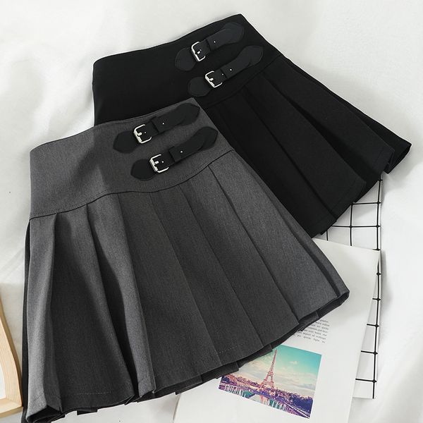 

2021 harajuku pleated summer women fashion double buckle cute mini commuter wind loose high waist skirt 5m7q, Black