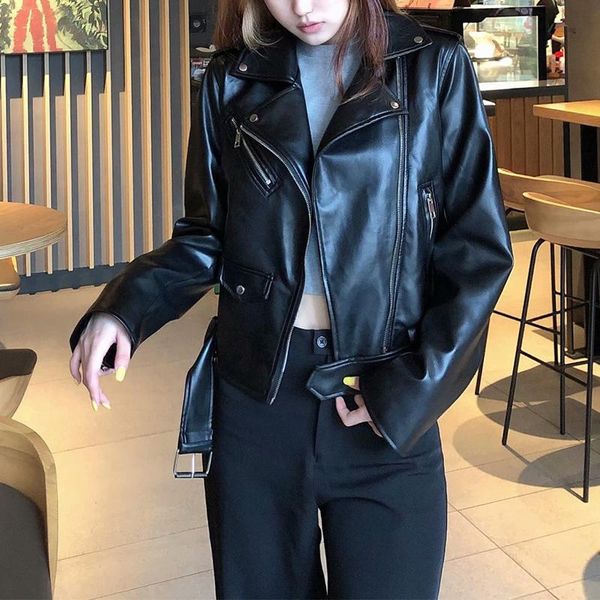 

women's jackets 2021 spring women leather motorcycle jacket female with belt solid color ladys loose casual, Black;brown