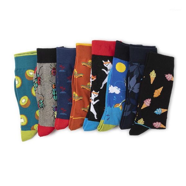 

2019 autumn new trendy cotton socks for men cartoon ice cream fruit insect pattern breathable jacquard socks male1, Black