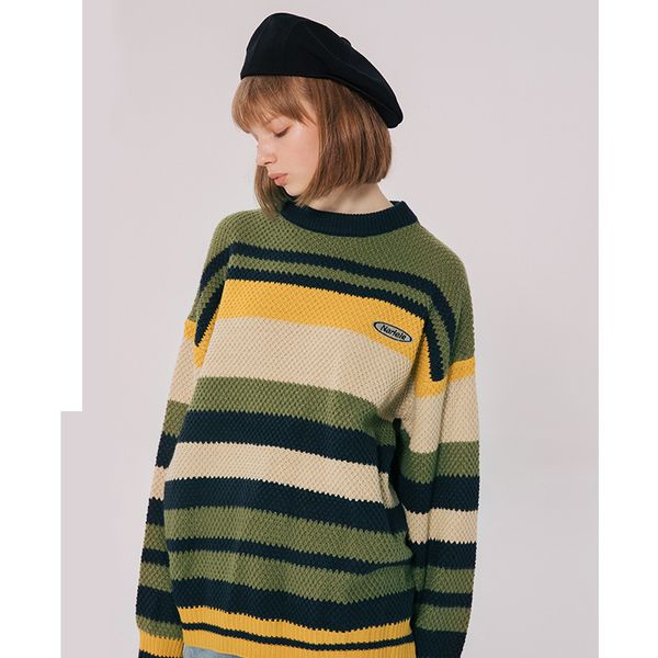 

2021 new autumn/winter retro striped male and female sweater hong kong style evay, White;black