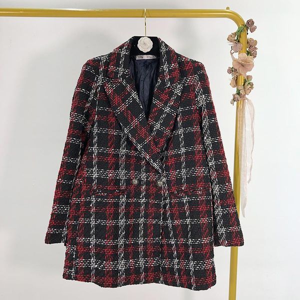 

women's suits & blazers spring 2021 women elegant plaid tweed blazer notched collar long sleeve pockets stylish coat female office wear, White;black