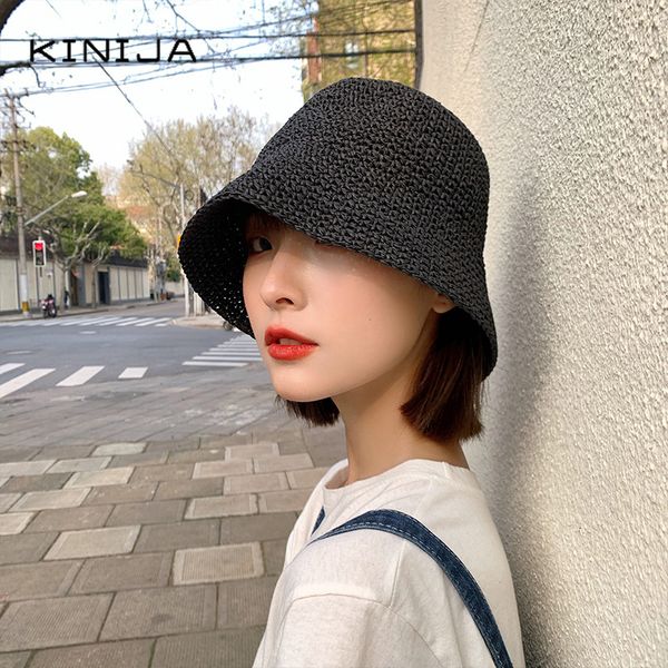 

korean summer women bucket hat small fresh fisherman hat beach visor shade hand straw hat panama girl fishing sun chapeau 201008, Blue;gray