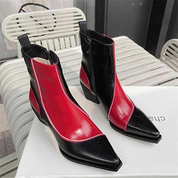 

boots 2021 western pointed zipper women shoes fashion square high heel ankle cow leather quality short size 42, Black