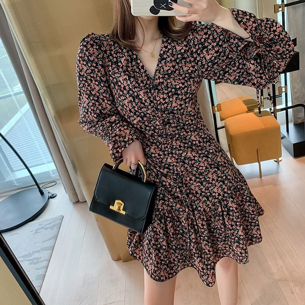 

wanghong 2020 prosperous spring and autumn fashion new spring and autumn skirt floral dress women's french style show thin a-line small, Black;gray