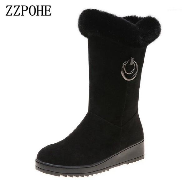 

boots zzpohe 2021 winter plus size wedge with women's fur snow metal buckle velvet middle tube and calf cotton boots1, Black