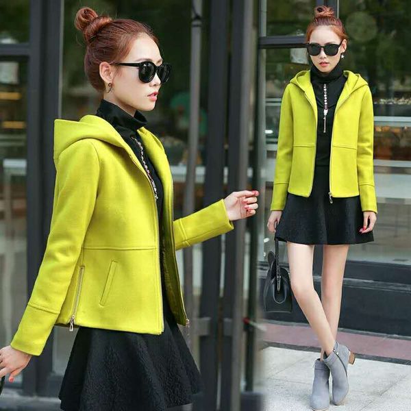 

fashion short wool blend coat women hooded jacket autumn winter student slim long sleeve woolen coat harajuku loose women jacket lj201106, Black