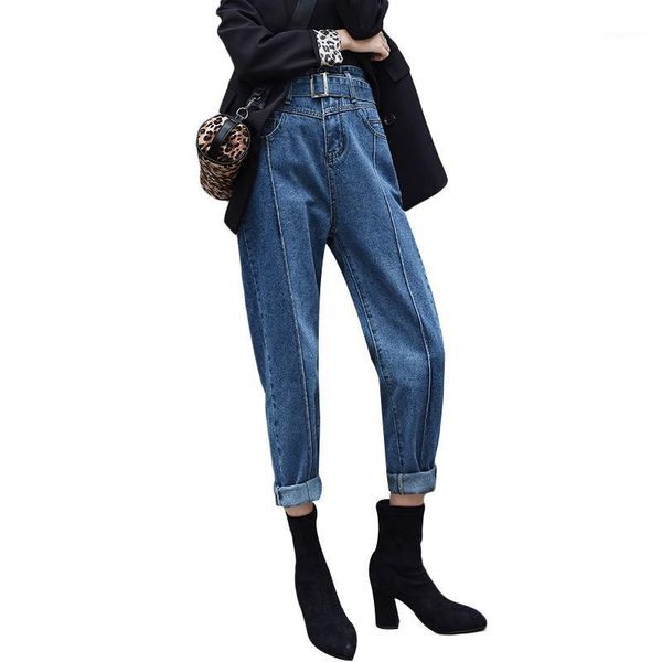 

korean style high waist woman jeans casual loose boyfriend jeans for women harem ladies denim pants femme jean with belt1, Blue