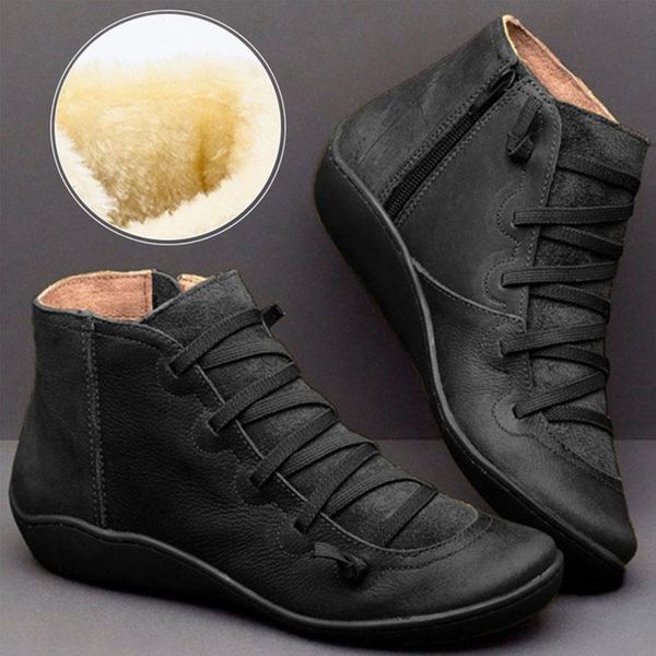 

женщины зима плюшевые теплая плоский ботильоны крест узелок vintage ladies pu zip женщина обувь женский botas mujer загрузочные, Black