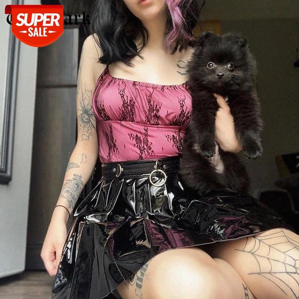 

goth dark vintage gothic lace camis bandage strap patchwork ruffles hem women sleeveless slash neck backless crop #in8v, White