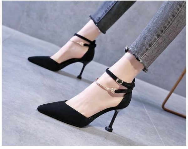 

super new summer women's heels 2020 women sandals fashion pointed black metal decorative heels sandals femmes sandales
