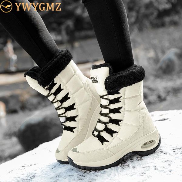 

boots 2021 quality waterproof winter women keep warm mid-calf snow ladies lace-up comfortable chaussures femme, Black