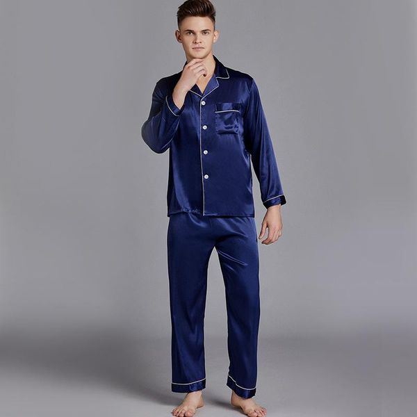

new men's pajamas suit summer long-sleeved loose suit thin silky satin rayon men's home wear large size can be worn outside, Black;brown