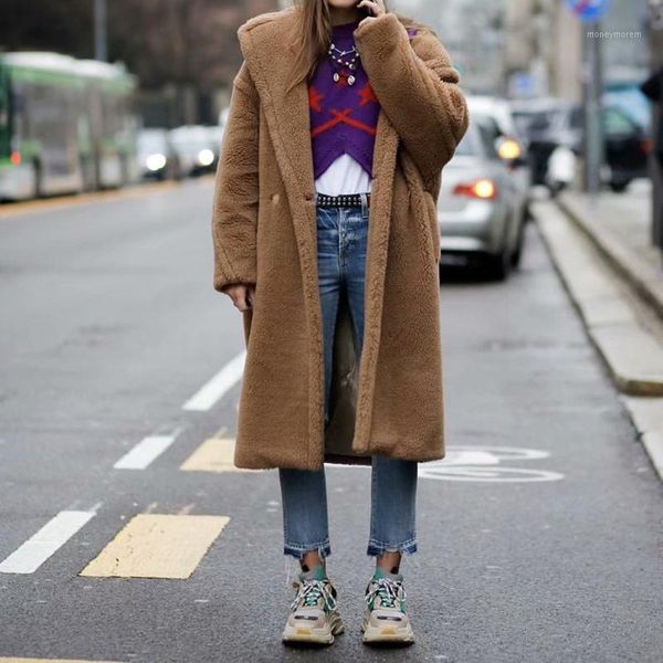 

women's wool & blends 2021 women's teddy coat long winter plush fur coats jacket warm casual outerwear polyester button pockets tu, Black