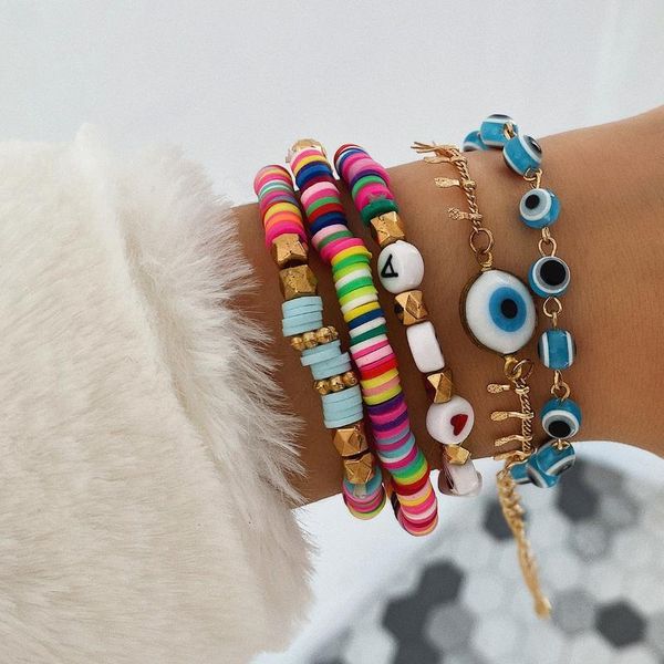 

5pcs/set turkish blue crystal evil eye bracelets for women handmade gold chains heart love beads lucky jewelry, Black
