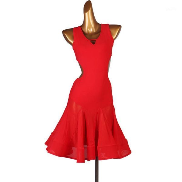 

women dance wear ballroom dress samba costume party dresses stretchy one-piece latin dress sleeveless1, Black;red