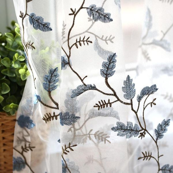 

luxury fashion rustic leaves blue sheer curtain kitchen curtain window living room decoration modern tulle wp203&30