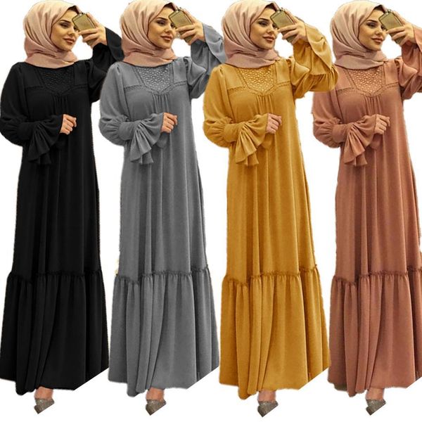 

muslim women hijab dress solid color ruffle petal sleeve maxi long dress islamic clothing caftan kimono big swing abaya dresses, Black;gray