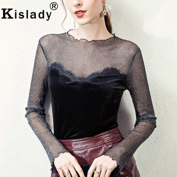 

kislady 2019 spring summer vintage foreign flavor women shirts plus size transparent mesh long sleeve korean clothes1, White