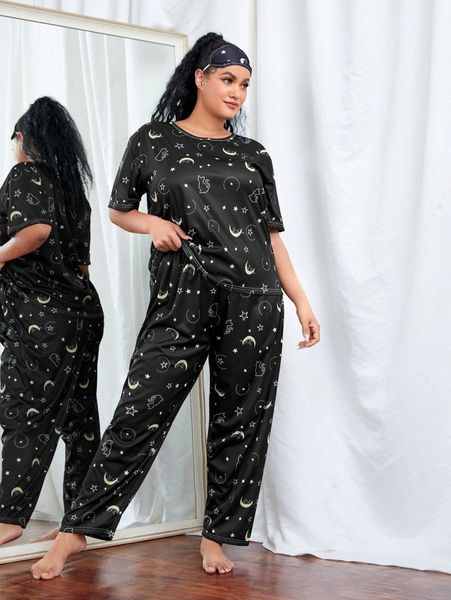 

plus allover cartoon graphic pajama set & eye cover y0tp#, Black;white