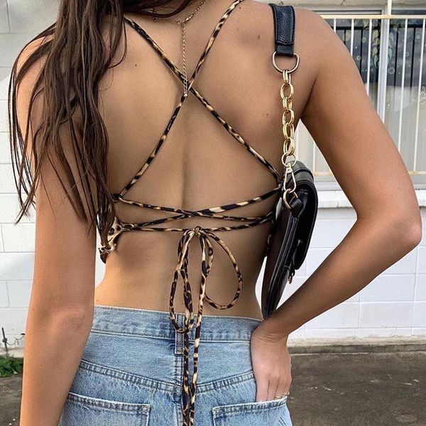 

women's tanks & camis waatfaak off shoulder strappy backless bandage streetwear crop women leopard print activewear spaghetti tank, White