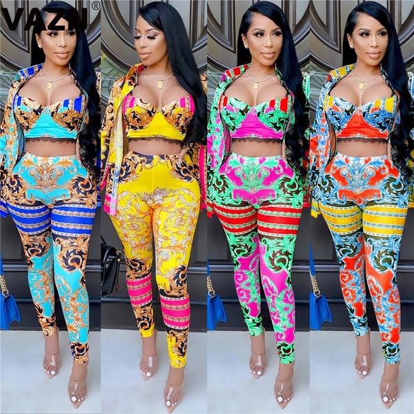 

vazn 2020 autumn list retro style tank full sleeve cloth group long pants skinny women 3 piece set, Gray