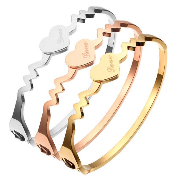 

wave design heart shape lover's bracelets for women stainless steel open bracelets with charm lover's carved luxury jewelry, Black