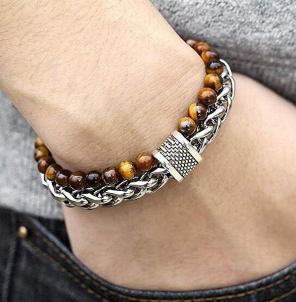 

men natural tiger eyes stone beaded bracelet for men stainless steel wheat link chain 22cm, Golden;silver