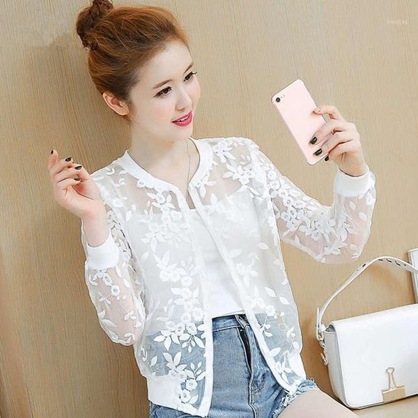 

summer organza thin short jacket women embroidery lace women basic coats black white cardigan bomber jacket chaqueta mujer c54841, Black;brown