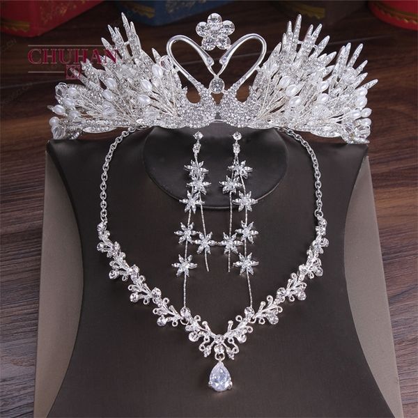 

chuhan selling bridal jeweiry sets headdress hair crown necklace earrings 3 pcs wedding accessories c357 201222, Slivery;crystal