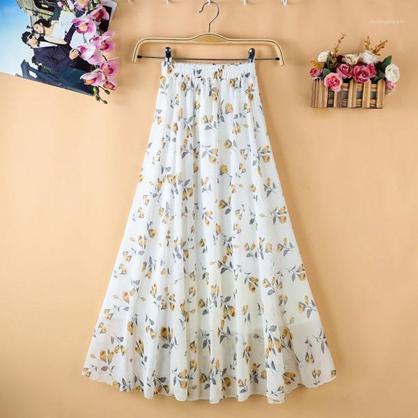 

skirts women's skirt 2021 summer print midi women elastic high waist chiffon elegant female bottom a-line1, Black