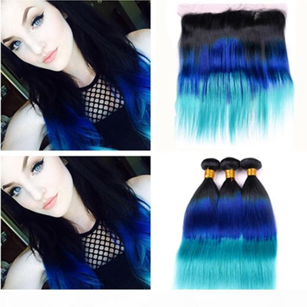 

3 tone ombre связка с фронтальной straight # 1b синего чирок темных корней ombre перуанского человеческих волос weave связка 3штом с 13x4 la, Black