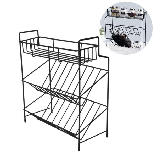 

hooks & rails oblique bottom 3 layers spice storage rack seasoning bottle shelf kitchen supplies (black)