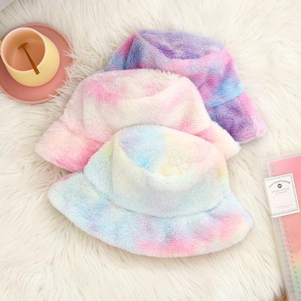 

wide brim hats 1pc faux fur winter tie-dye bucket hat for women girl rainbow tie dye color soft warm fishing cap outdoor vacation, Blue;gray