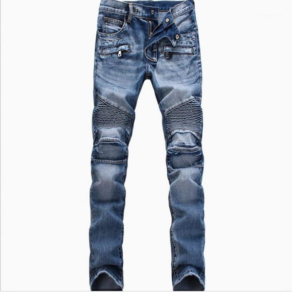 

wholesale-men fashion ripped biker jeans man distressed moto denim joggers washed pleated motorcycle jeans pants black blue1, Blue