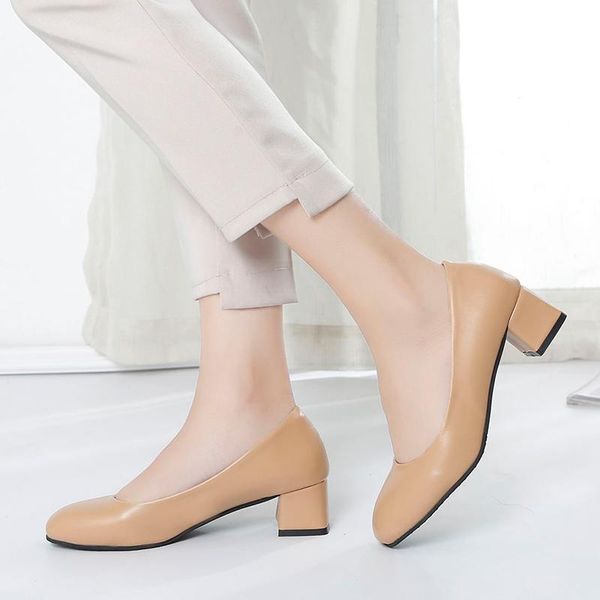 

office lady shoes chunky heels basic pumps black medium heels slip on shoes shallow woman wedding ladies 7725g