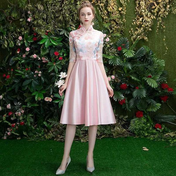 

wedding dress qipao pink embroidered lace cheongsam modern chinois bridesmaid gown qi pao women chinese cheongsam dress1, Red