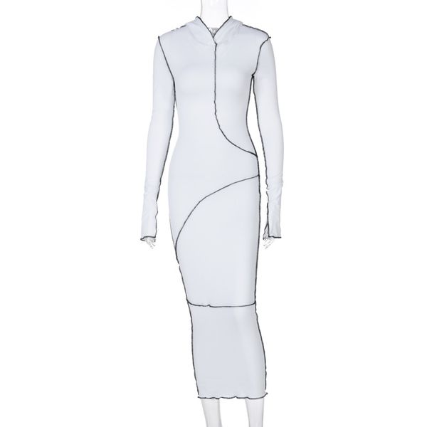 2021 длинный рукав с капюшоном пэчворк тощий Maxi платье осень зима женские модные уличные одежды повседневные наряды S-3XL