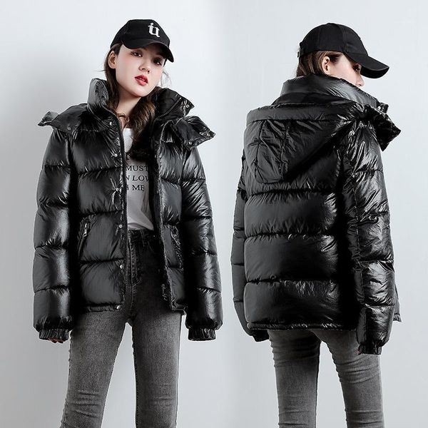 

2020 thicken hooded winter jacket women parkas short coat casual glossy warm winter coat women parka warm clothing1, Black