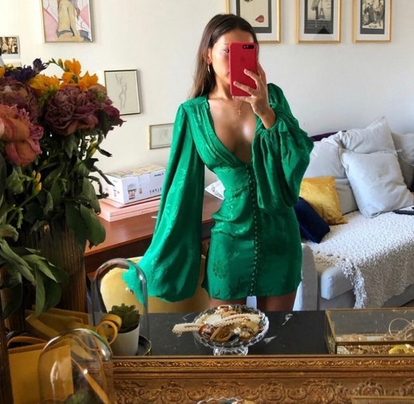 

2020 new european and american autumn nightclub deep v-neck jacquard lantern sleeve dress bag hip skirt female, Black;gray