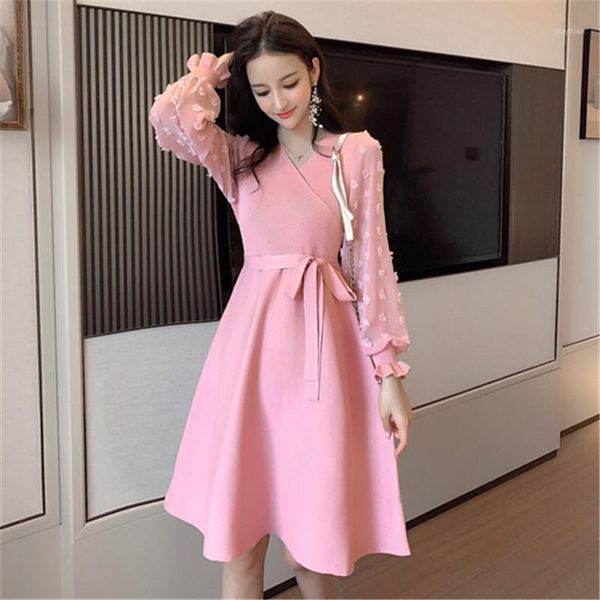 

new autumn knitted dresses women's chic 3 quarter chiffon sleeve v-neck sashes sweater vestidos vintage women dress1, Black;gray